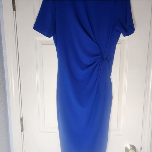 TAHARI by Arthur Levine 10 Blue Midi Stretch Crepe Shortslve Lined Knot Dress - Picture 4 of 9